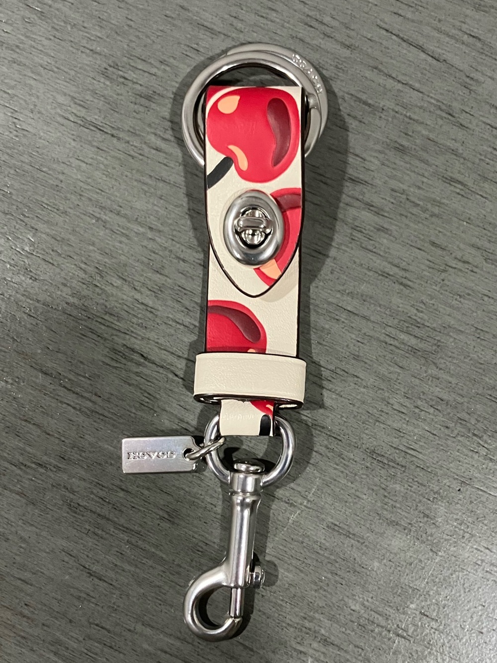 Coach Cream Leather Key Fob with Red Cherry Motif